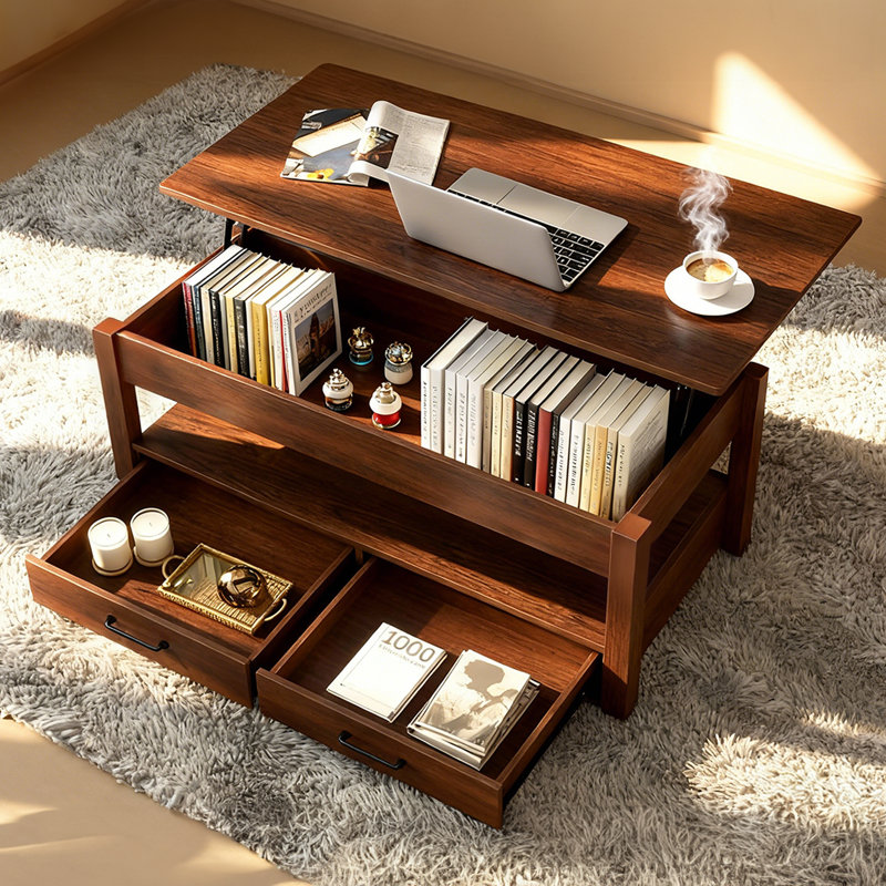 Table basse à plateau relevable avec tiroirs et compartiment caché, Brun