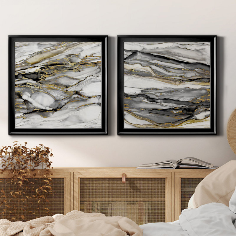 Marbré or I - impression sur toile encadrée 2 pièces, H 17,5 po x l 35 po x P 1,5 po, Noir