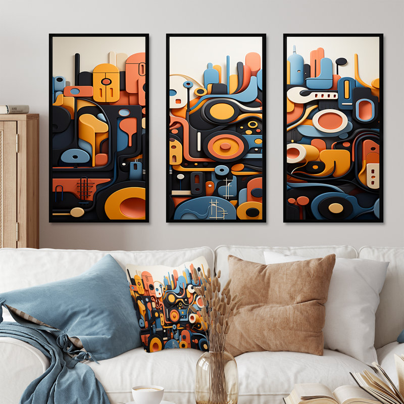 Fusion abstraite bleue et jaune, formes abstraites - Art mural abstrait, Cadre flottant noir, H 28 po x l 36 po x P 1 po
