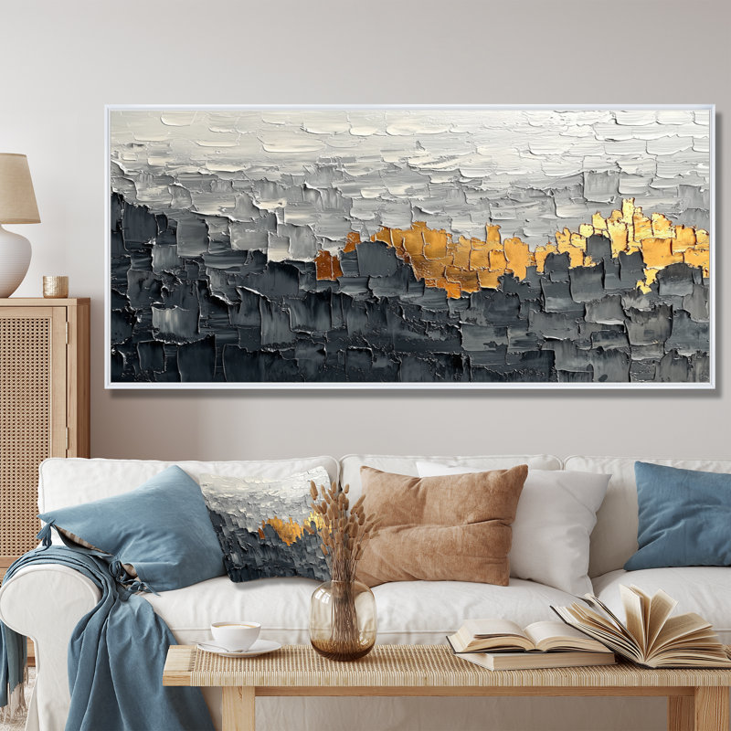 Cubic Fragment Marble Balance Horizons I - Abstract Minimalism Wall Art, 28" H x 60" W, Floater Framed, White