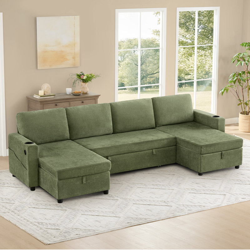  108.6" Modern 4-Seater Pull Out Sofa Bed U-Shaped Sofa Couch with 2 Storage Chaise, Green 