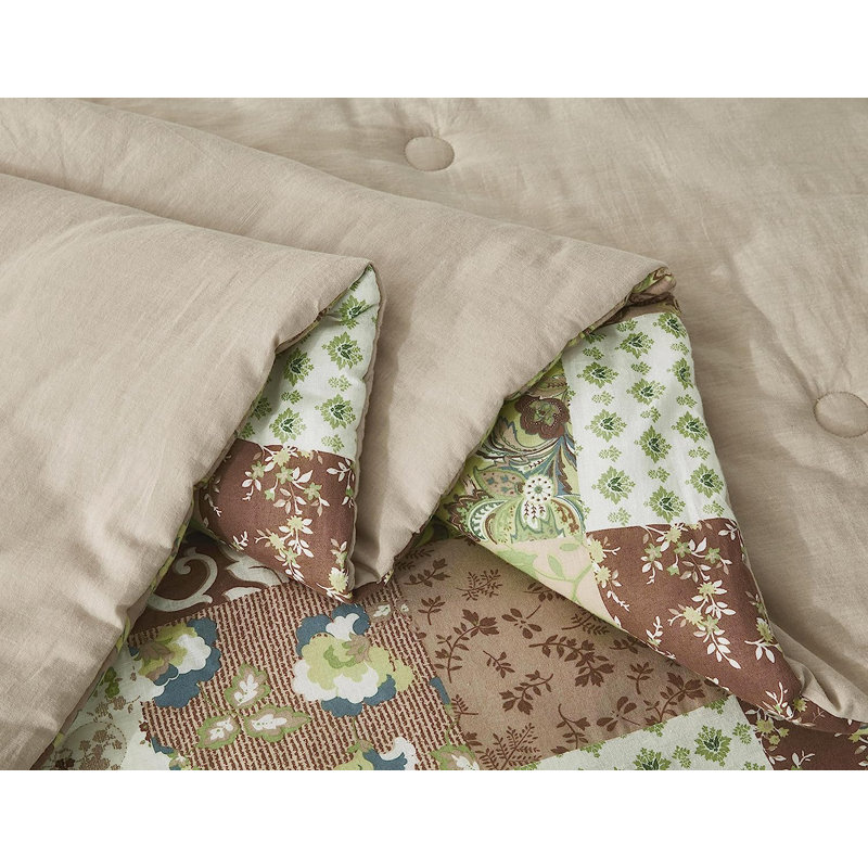 Boho Printed Patchwork Lightweight Washed Cotton Comforter Set , Brown/Taupe/Green/White, King Comforter