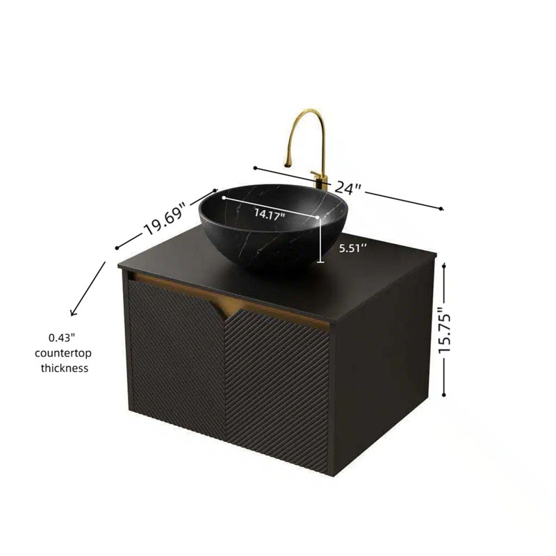 Meuble-lavabo mural flottant avec design symétrique en sergé et plateau en pierre frittée
