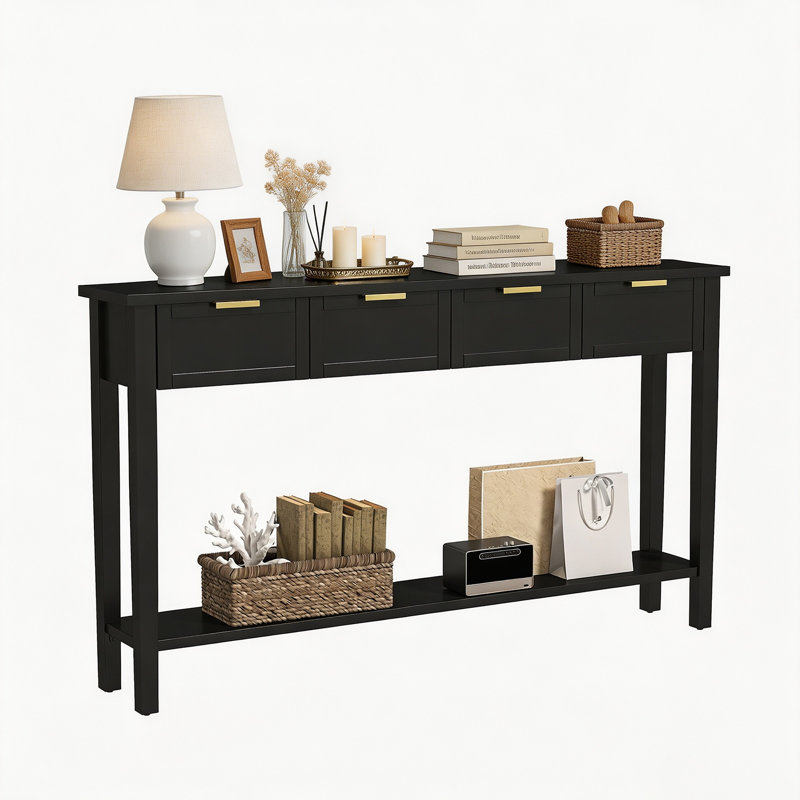 Table de canapé longue avec 4 tiroirs - Console moderne noire avec 1 tablette, table d'entrée et de couloir en bois 60 po x 15 po x 16 po pour le salon, la chambre à coucher et la cuisine