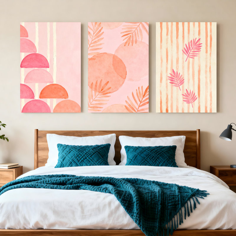 Abstrait rose et pêche géométrique et feuille tropicale, reproduction d'art sur toile, impression de style aquarelle (ensemble de 3)