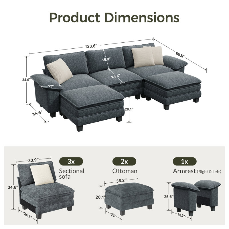 124" Modular Sectional Sofa, Oversized U Shaped Couches With Ottomans, 5-seater Deep Seat Sofa With Throw Pillow