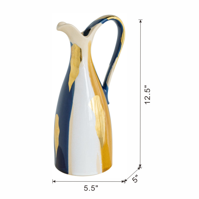 Ceramic Pitcher Vase with Abstract Multicoloured Finish, Yellow/Blue, 12.4'' H X 4.9'' W X 5.7'' D