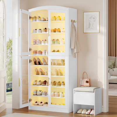 9 Tier Shoe Storage Cabinet, Modern Tall Shoe Cabinet with Adjustable Shelves, 36-40 Pairs, Display Case with Glass Doors & LED Lights, Tall Glass Cabinets for Hallway, White