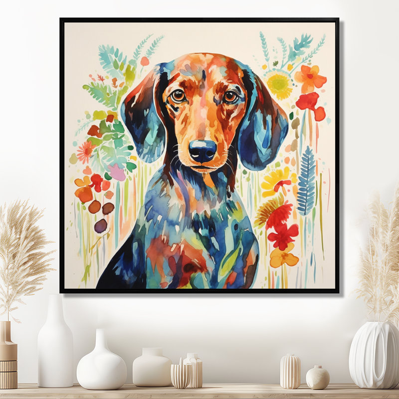 «Colorful Portrait of Endearing Dachshund - Dog Tachshund», art mural encadré, Toile avec cadre noir