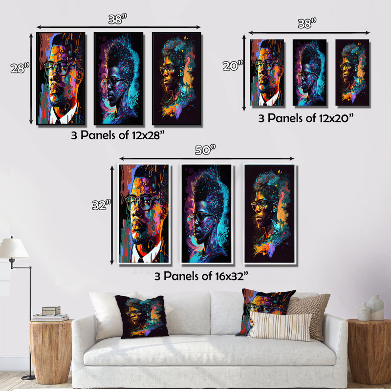«Malcolm X Illustration», 3 pièces sur toile, H 32 po x l 48 po, Cadre flottant doré