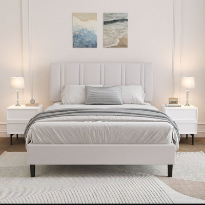 Tête de lit capitonnée, lits plateforme tapissiers avec support en lattes de bois, structure de lit en tissu