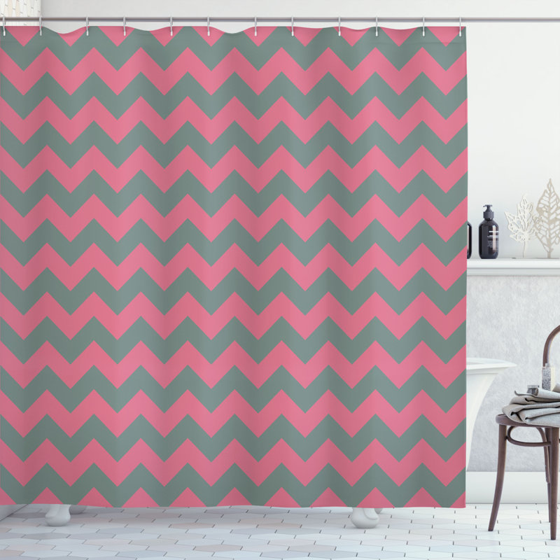 Chevron Shower Curtain with Hooks Included, 70" H x 69" W, White Gray