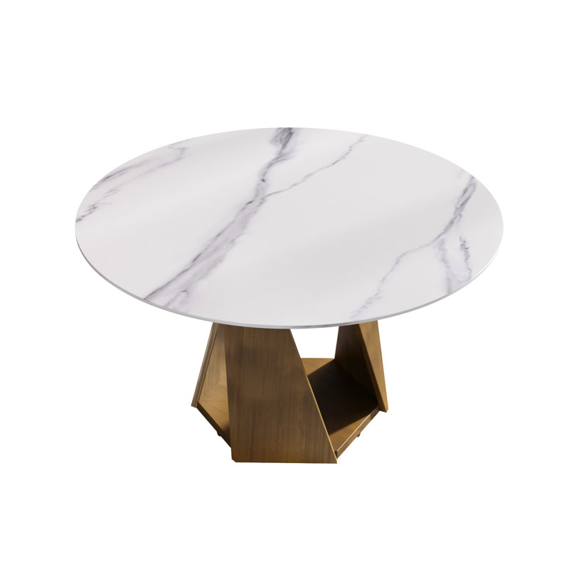 Table de salle à manger ronde en pierre frittée de 53 po, couleur blanche, base en fer, pouvant accueillir 6 personnes, bureau moderne, sièges en bronze