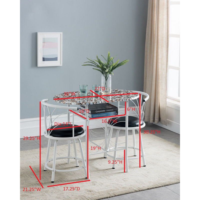 Moronta 3 Piece Dining Table Set with Cobblestone Top - Breakfast Table with 2 Chairs - 2 Seat Dining Table Set for Small Spaces - Round Table Set with Faux Marble Top
