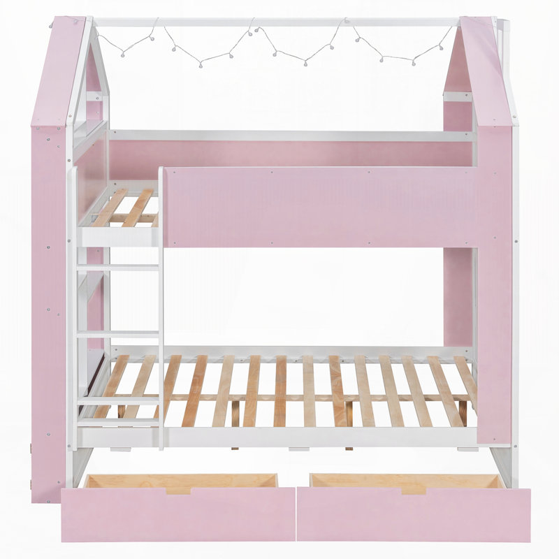 Lit double avec tiroirs et tablettes de rangement, White,Pink