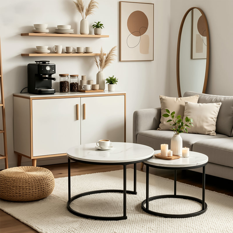 Table d'appoint 2 pièces ronde avec structure en métal et tables d'appoint en bois, Black, Blanc