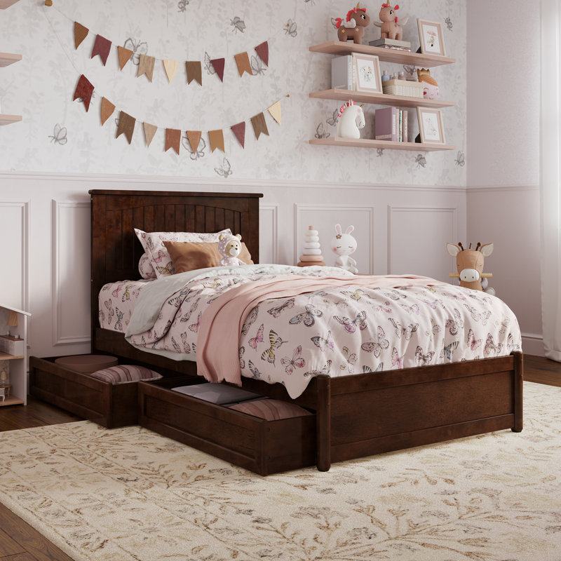 Lamaiyah Solid Wood Platform Bed with Footboard and Storage Drawers, Twin, Walnut