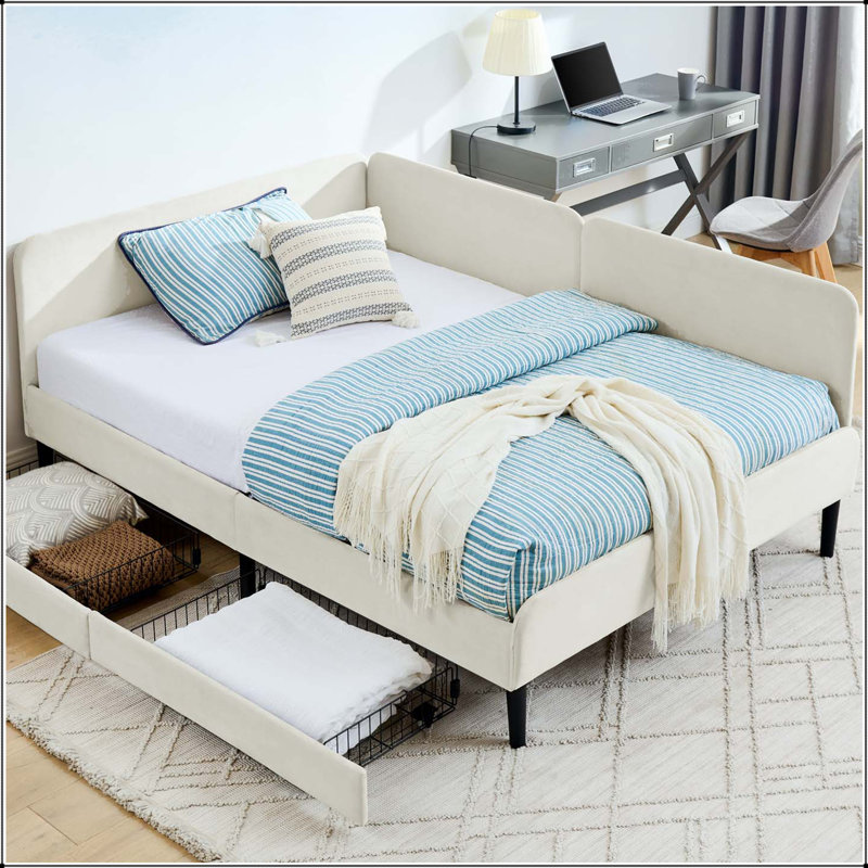 Canapé-lit en velours avec 2 tiroirs de rangement, Lit double, Beige