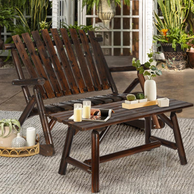  Outdoor Wood Rocking Bench Set, Patio Bistro Set-2 Person Rustic Adirondack Log Rocker With Side Table, Slatted Seat/High Backrest, Patio Rocking Furniture Set For Garden, Carbonized