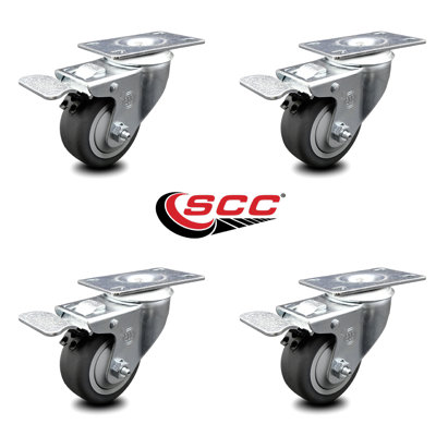 3.5 Inch Thermoplastic Rubber Swivel Top Plate Caster Set with Total Lock Brake