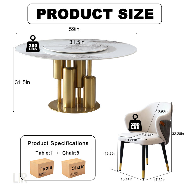 59 Inch Round Dining Table With 360° Rotating Lazy Susan, Stain & Heat Resistant Sintered Stone Top, Modern Minimalist Design For Compact Spaces
