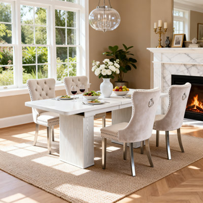 Ensemble de salle à manger extensible moderne de 5 pièces avec 4 chaises rembourrées, table de cuisine en bois de 160 à 200 cm avec piètement cannelé, ensemble table et chaises gain de place.