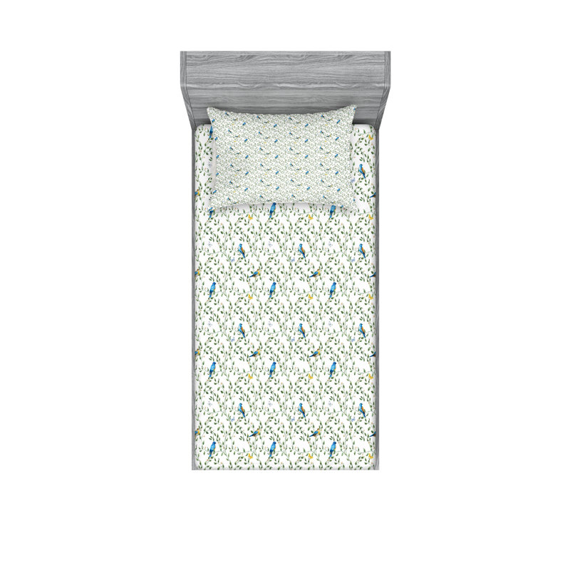 Drap-housse et coussin décoratif Ambesonne oiseaux vert réséda multicolore, Ensemble de draps pour lit simple + 3 pièces supp