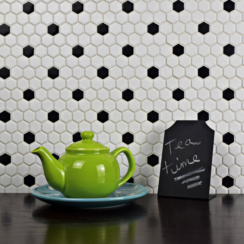 Metro 1" Hex Matte White with Black Dot 10-1/4" x 11-7/8" Porcelain Mosaic Tile