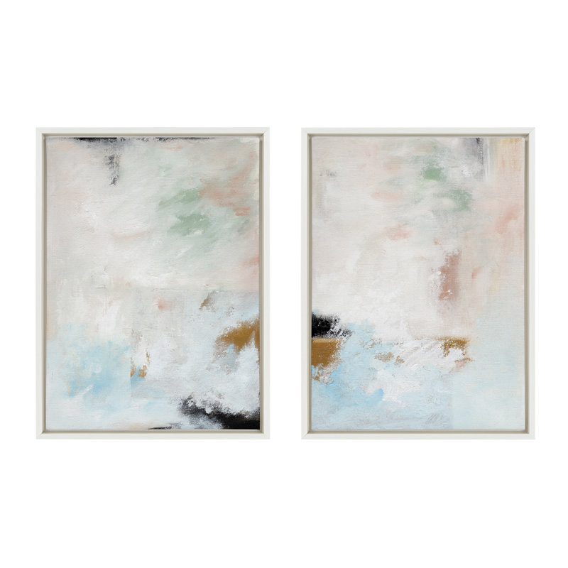Vikshi Soft Abstract Brushstrokes - Ensemble de 2 reproductions encadrées sur toile, Blanc