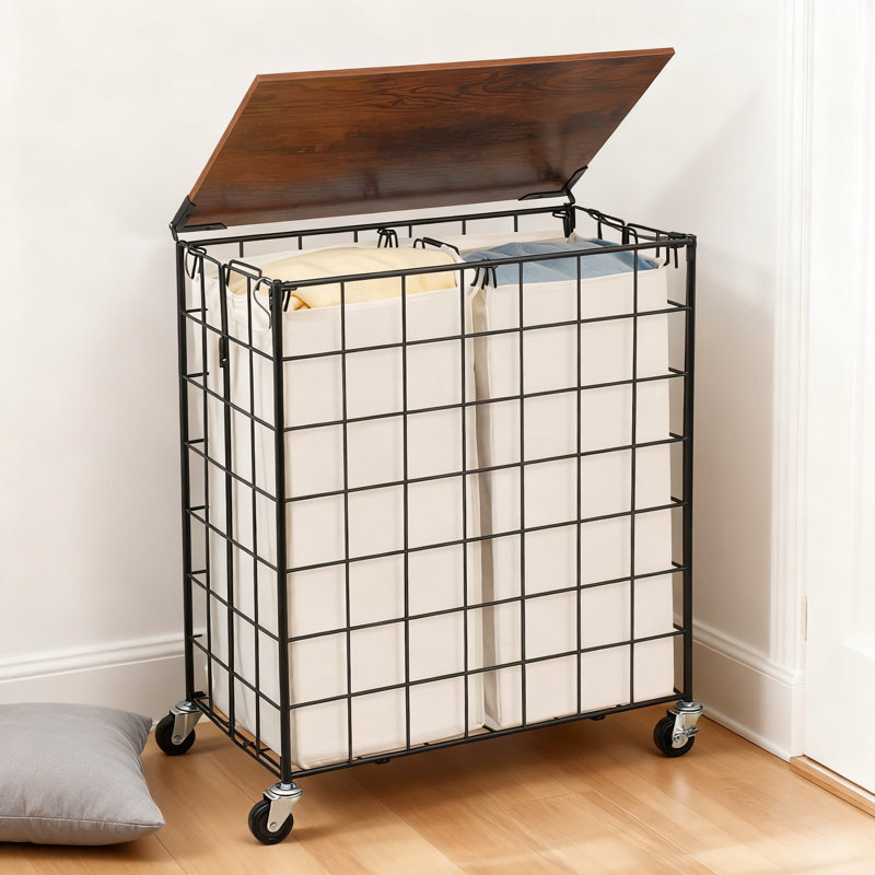 Heavy-Duty Rolling Laundry Hamper With 2-Section Sorter, Wood Lid, Lockable 360-Degree Wheels, Side Storage Pocket, And Foldable Design For Easy Storage
