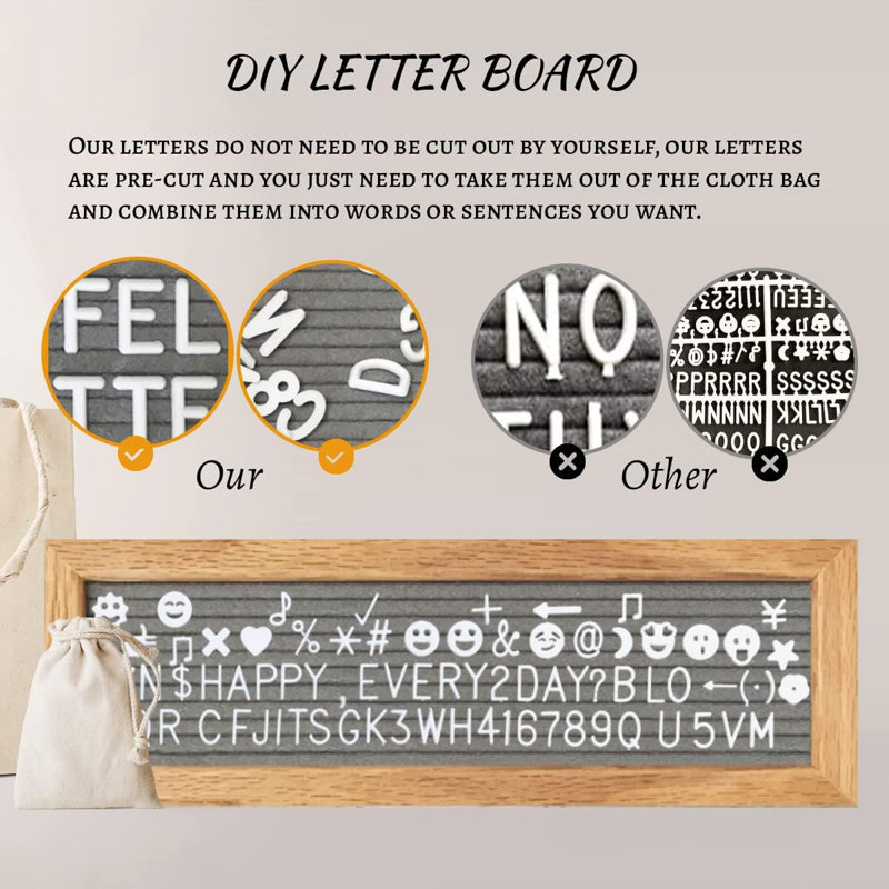 Display Frame Felt Letter Board With 340 Letters And 30 Clips,Oak Frame And Grey Felt