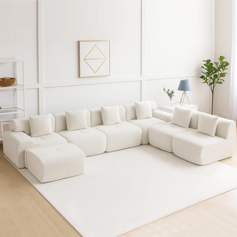 Canapé modulaire extra large et moelleux en U Fine-Wale en velours côtelé de 157 po avec repose-pieds, Velours côtelé blanc