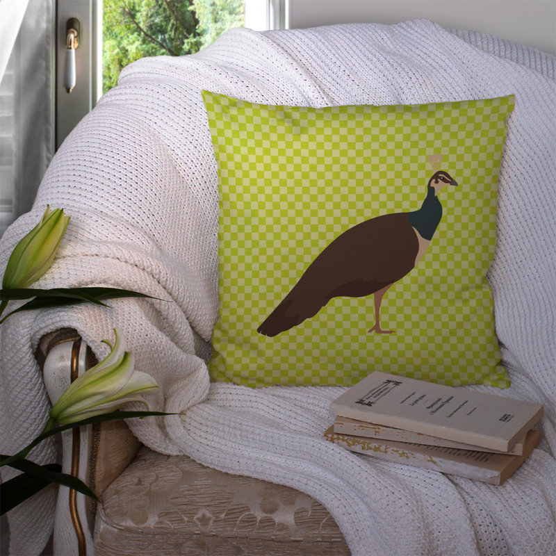 Peahen Peafowl Check Outdoor Throw Pillow, Green, 14" x 14"