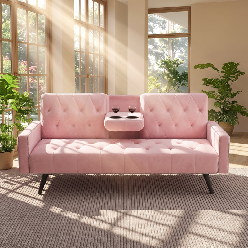 72.4" W x 24.8" D x 31.1" H Velvet Convertible Sleeper Sofa Bed with Nailhead Trim