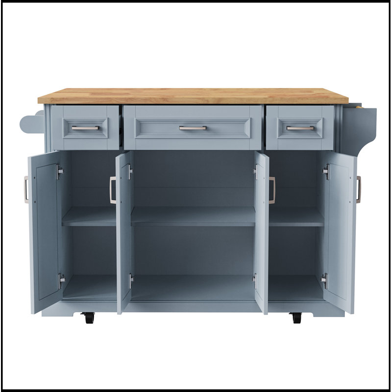54-Inch Large Kitchen Island with Drop Leaf, Embossed Texture, and Ample Storage for Modern Kitchens and Dining Rooms in Grey Blue