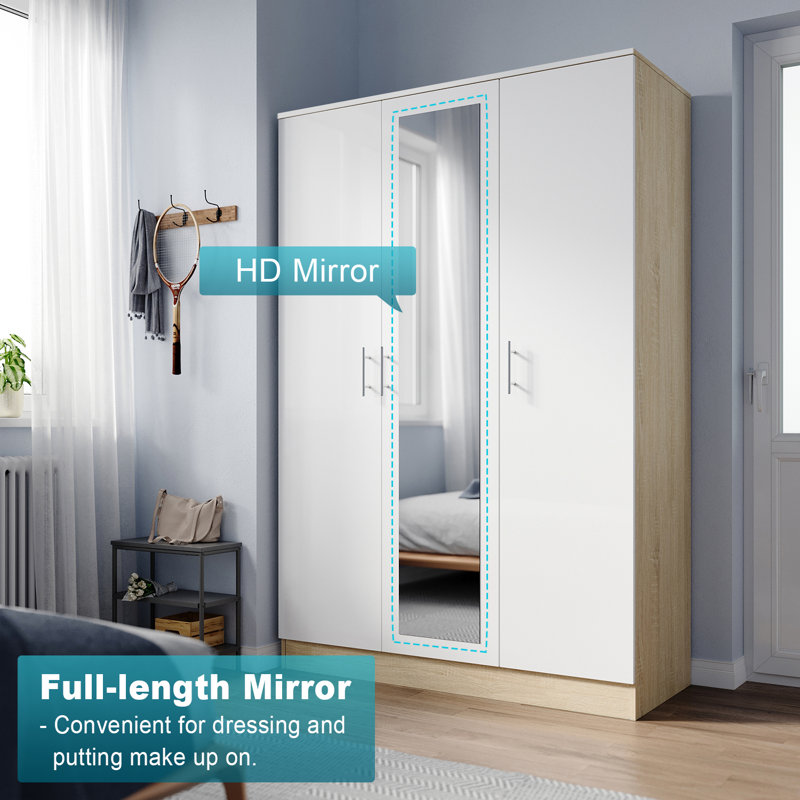 Modern Multi-Door Wardrobe with Mirror and Multi-Level Storage, White/Oak