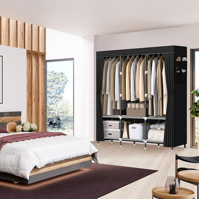 Garde-robe portatif avec 3 tringles de suspension, 6 tablettes et poches latérales - structure en acier de 19 mm, noir