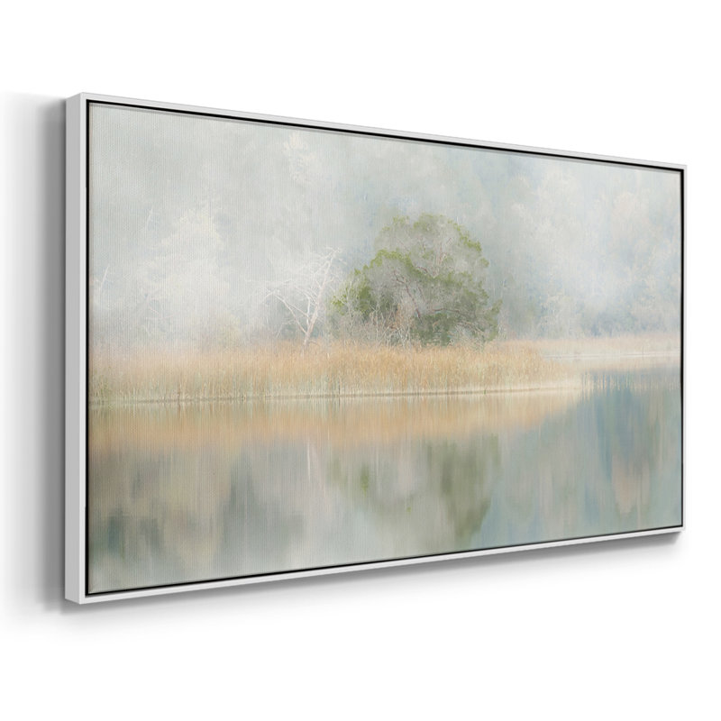 Silent Morning River- Framed Gallery Wrapped Canvas -Ready to Hang, 21" H x 41" W, White