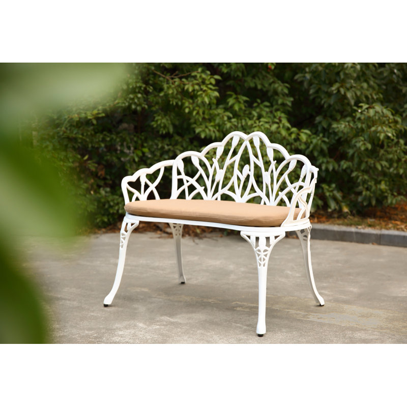 Tulip Patio Garden Bench Metal Park Bench Cast Aluminum Outdoor Furniture with Floral Rose for Patio,Park,Lawn,Yard with cushion
