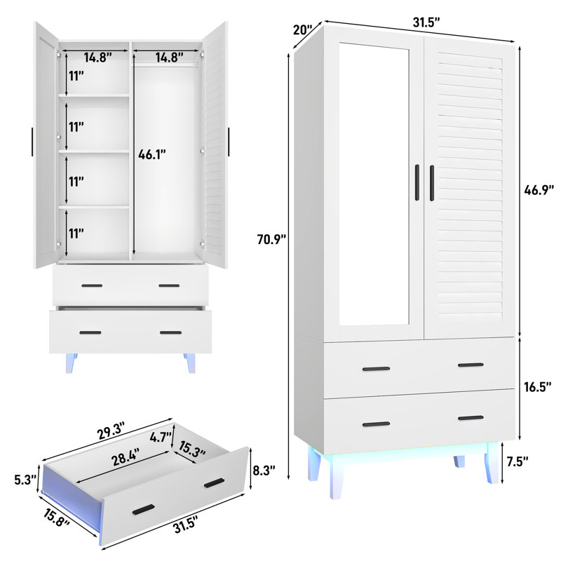 Armoire haute 70 po avec miroir, lumières DEL et tringle, Blanc