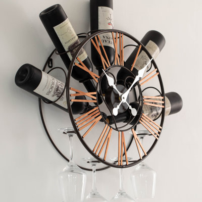 Wall-mounted Clock Design Wine Holder With Stemware Rack - Unique Shelf For Champagne, White & Red Wine Organizer With 4 Glass Hold by Red Barrel Studio