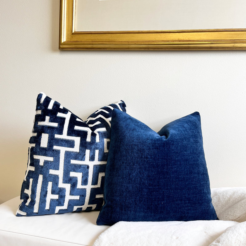 Myriad Velvet Throw Pillow Cover, 22"H x 22"W, White/Navy Geometric