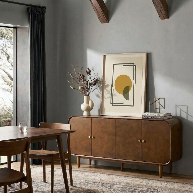 Alee 58'' Wide Mid-Century Modern Curved Design 4-Door Sideboard with Adjustable Shelves and Cable Management, Brown