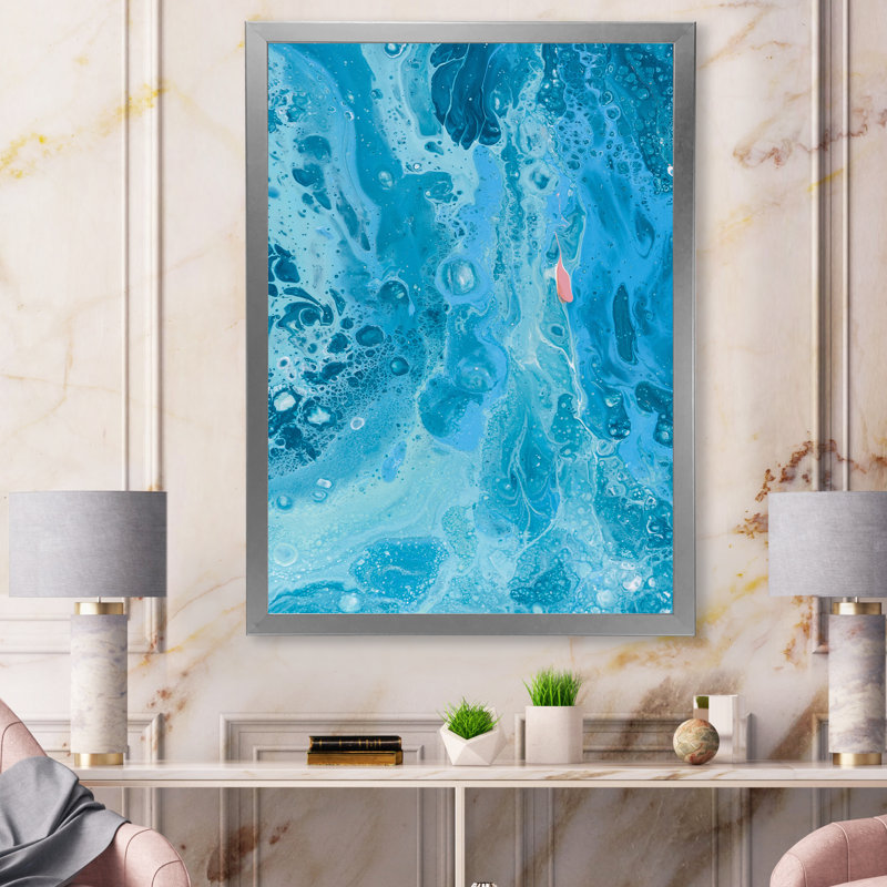 Turquoise, vagues de marbre fluides - peinture sur toile, H 32 po x l 16 po x P 1 po, Cadre photo argenté