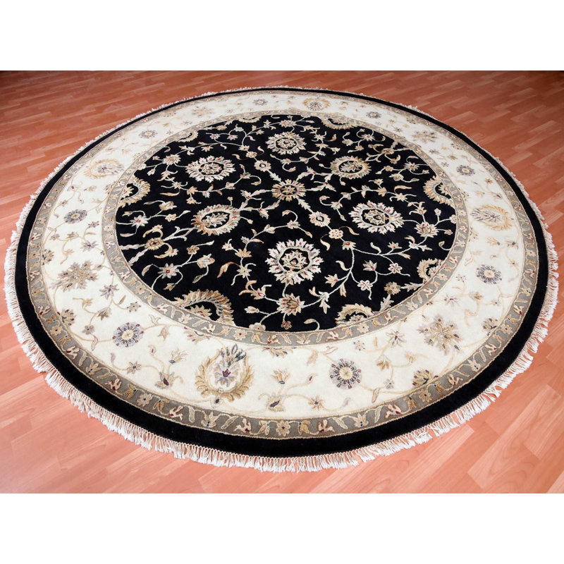 Tapis rond en laine et soie noués à la main 10 pi 2 po x 10 pi 2 po Rajasthan noir E2BB57E5FF8942B8BC14A2C3EB6D3F86