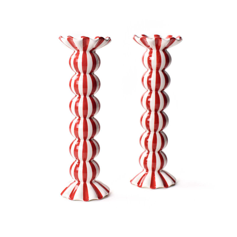 Red Stripe Large Ruffle Knobbed Candle Holder Set Of 2, 10.5" H x 3.5" W x 3.5" D