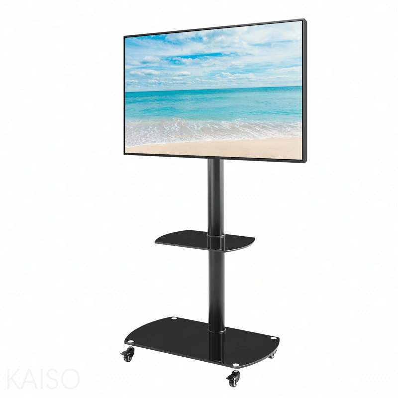Adjustable Multi-Function Tempered Glass Metal Frame Floor With Lockable Wheels Mobile TV Stand, LCD/Plasma TV Bracket 2 Tier Tempered Glass Shelves