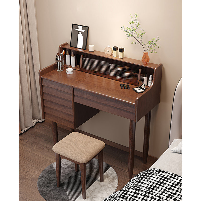 All Solid Wood Simple Clamshell Mirror Dressing Table
