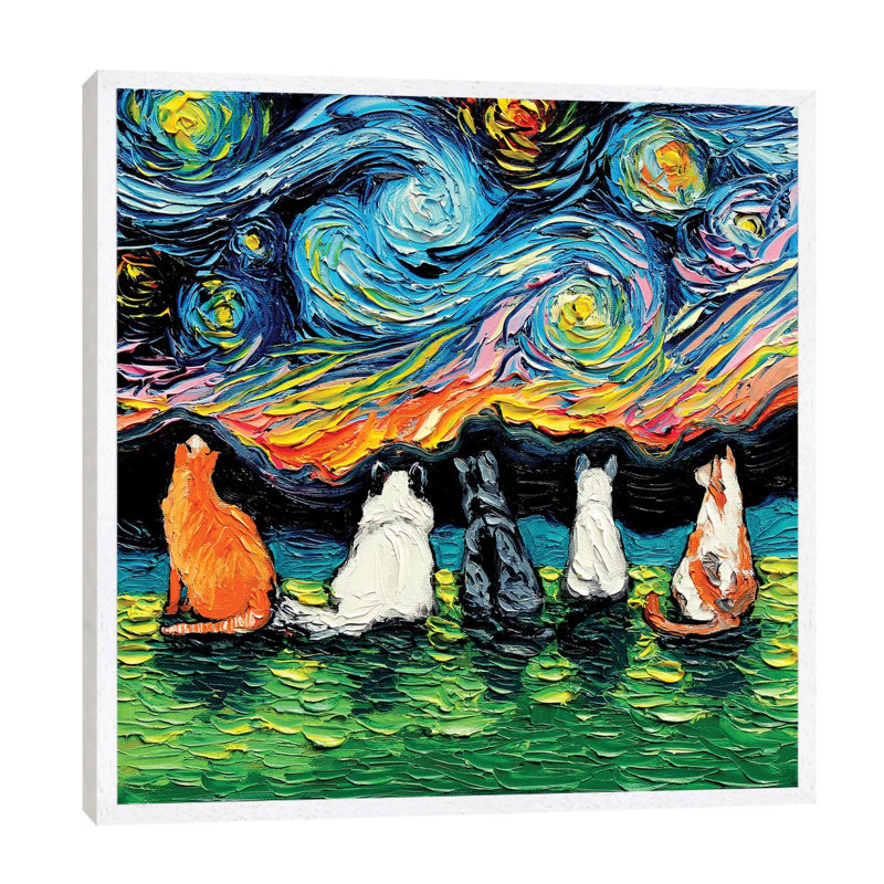 Starry Cats by Aja Trier - Floater Frame Painting on Canvas, White Framed, 66.04 cm H x 66.04 cm W