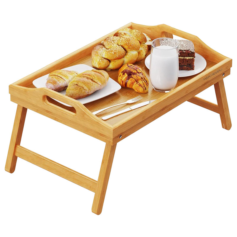 Mantraraj Wooden Bamboo Food Serving Tray Portable and Folding Legs Dinner Breakfast Tray Table
